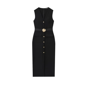 Detail of black V-neck sleeveless midi dress with gold buttons and floral buckle belt