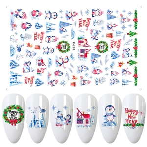 Detail of Christmas nail stickers F691 featuring penguins, snowmen and festive trees