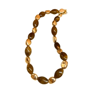 Vintage brown oval resin beads and gold irregular metal accents on collar necklace