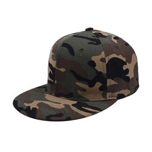 Detailed top view of a jungle camouflage snapback baseball cap in thick cotton twill fabric