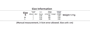 Size chart showing chest and length measurements for the long suede double-breasted coat
