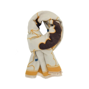 Cute beige cartoon scarf for kids with brown abstract patterns and fringe tassels