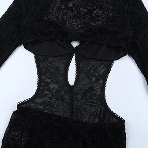 Close-up of black velvet bodysuit featuring sheer mesh lace and butterfly patterns