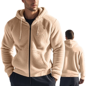 Men's oversized beige fleece hoodie zip jacket with soft double-sided thermal fabric
