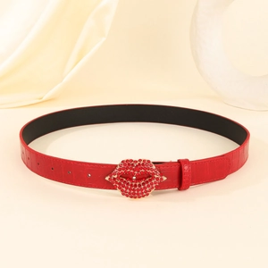 Y2K American style red crocodile pattern belt with sparkly rhinestone lip buckle