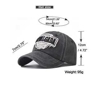 Detailed view of vintage washed cotton baseball cap with embroidered bull head and sizing info