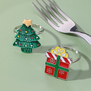 Exquisite Christmas tree and gift box napkin rings with enamel finish and silver ring