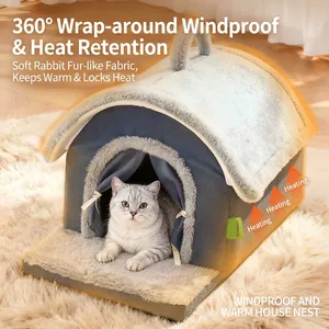 Semi-enclosed warm cat bed house with plush lining for indoor pets on carpet