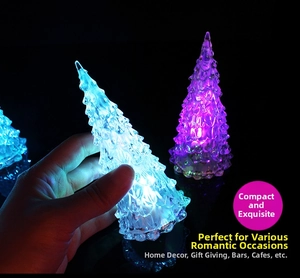 Macro shot of mini crystal LED Christmas tree lamp with colorful glowing effect