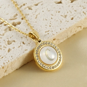18K gold plated stainless steel necklace featuring a crystal paved letter C shell pendant