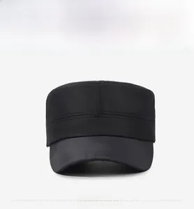 Front view of black flat top military hat with white SPORT print on side detail