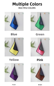 Microfiber cleaning cloths in six colors with gray backing and hanging loops for easy storage