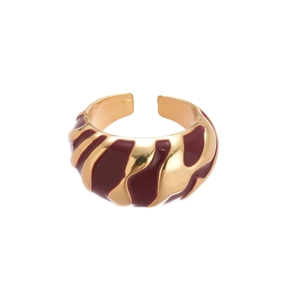 Golden wavy enamel ring with dark red texture and polished minimalist open design