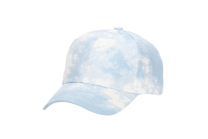 Close-up of light blue tie-dye pattern on cotton baseball cap with twill texture