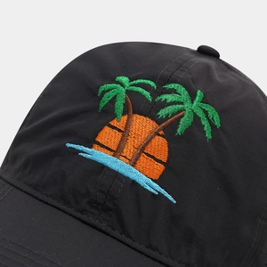 Quick-dry black baseball cap with vibrant tropical palm tree embroidery and mesh fabric