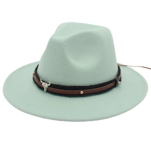 Mint green wool felt wide brim fedora with black rope and bull skull ornament