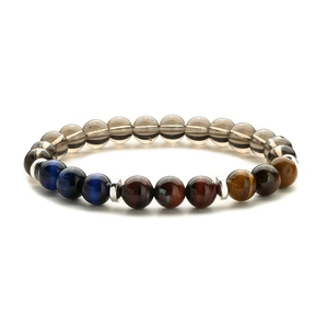Detailed view of colorful tiger eye and smoky quartz beads with silver spacers
