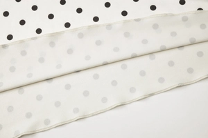 Detailed close-up of white dress hem featuring black polka dot print and neat stitching