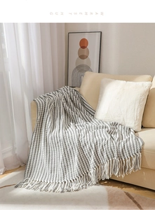 Detail of hand-knit chenille throw blanket with grey-white texture and tassel fringe