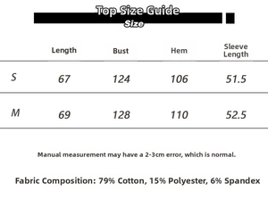 Detailed size chart for off-shoulder cotton sweatshirt including length and chest measurements