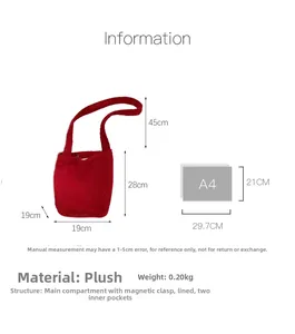 Detail view of red plush bucket bag showing size dimensions and A4 paper comparison