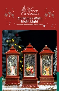 Close-up of three red vintage Christmas lanterns with Santa, snowman and reindeer LED lights