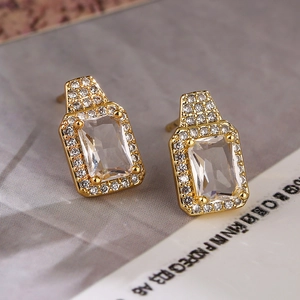 Elegant gold plated square zircon stud earrings featuring luxury pave setting gemstones