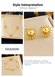 Detailed view of gold-plated stainless steel sun jewelry set with necklace and earrings
