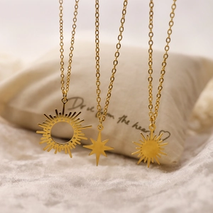 18K gold plated stainless steel sun and starburst pendant necklaces for women