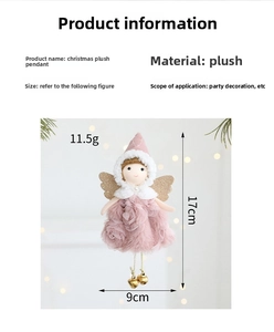 Detailed view of plush angel ornament with size 17cm x 9cm and pink rose patterned dress