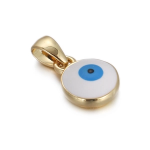 Detailed view of a gold-plated evil eye charm with blue enamel for jewelry making