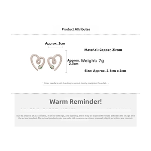 Detail showing dimensions and silver needle material of snake-shaped heart earrings