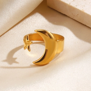 Moon Star Ring Stainless Steel Adjustable Open Band Minimalist Bohemian Fashion Jewelry For Women