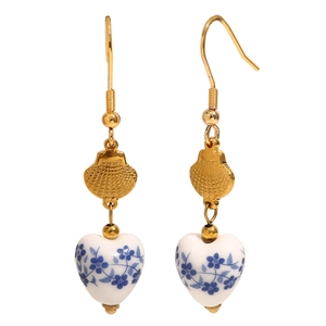 18K gold plated stainless steel heart earrings with blue and white porcelain floral pattern