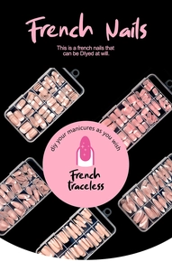 Detailed view of 120 piece French nail tip set with various styles in clear plastic boxes