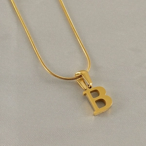 Macro shot of gold stainless steel snake chain and letter B pendant details