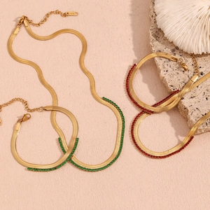 18K gold plated herringbone chain necklace and bracelet set with colorful zircon accents