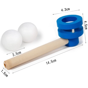 Detailed dimensions of wooden floating ball toy showing 14.5cm length and components