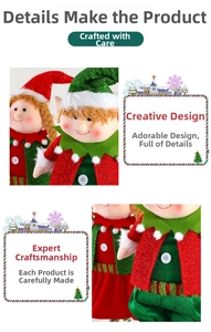 Close-up of Christmas elf dolls with sequins, knit fabric, and delicate embroidery details