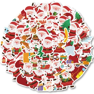 Macro view of Christmas PVC stickers set featuring Santa, reindeer, and festive elements