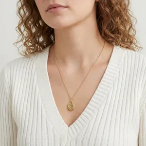 Minimalist Stainless Steel Necklace For Women Geometric Oval Wave Texture Pendant 14K Gold Plated Commute Fashion Jewelry