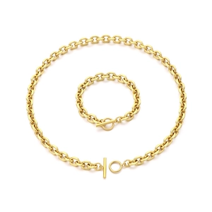 Minimalist gold stainless steel O-chain necklace and bracelet set with OT toggle clasp