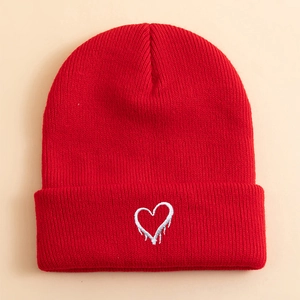 Kids red knit beanie with dripping heart embroidery for autumn and winter warmth