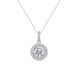 Classic S925 sterling silver necklace with a 2-carat round moissanite halo pendant