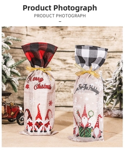 Detail of Christmas wine bottle bags with buffalo plaid cuffs and gnome prints