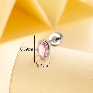 Silver geometric oval stud earring with pink zircon, size 0.59cm by 0.4cm dimensions