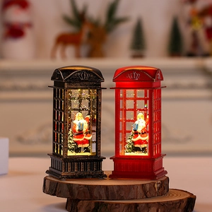 Detailed Christmas phone booth lantern with Santa Claus figurine on rustic wooden base