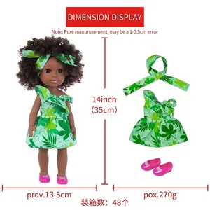 14-inch black girl doll with curly hair, tropical print dress, and pink shoes on white background