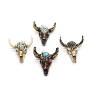 Resin bull skull pendants with rhinestones and turquoise stone for DIY jewelry making