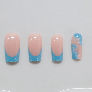 3D light blue classic French long press-on nails with nude pink base and marble effect